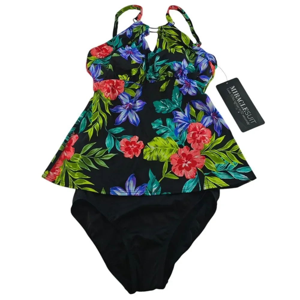Miraclesuit NWT 4B Tankini Top Black Floral And Magicsuit Brief Bottom Set Sz 8